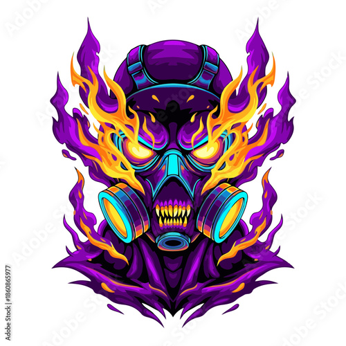 A vibrant, aggressive, stylized illustration of a purple figure wearing a gas mask with glowing eyes and sharp teeth, surrounded by orange and yellow flames.