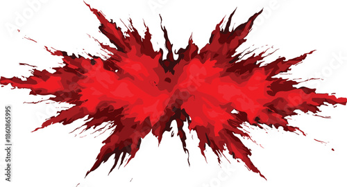 Vibrant Red Explosive Burst of Abstract Paint or Blood Splatter Graphic Design Element, Creating Dynamic Energy, Impact, Collision, Danger, and Powerful Abstract Background Texture.