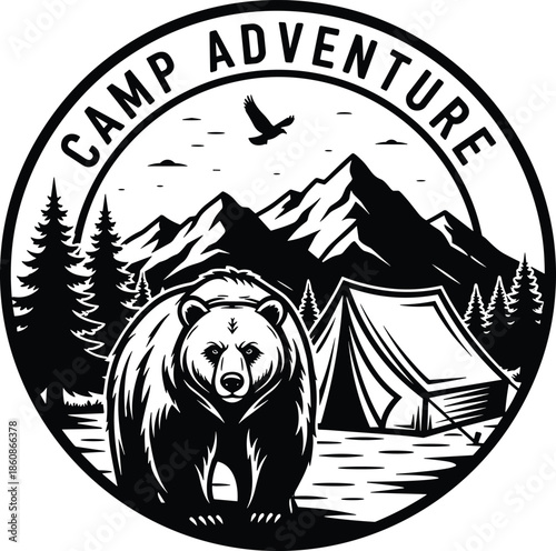 Vintage circular camping logo with a grizzly bear, mountain range, pine forest, tent, and eagle for outdoor adventure and wilderness.
