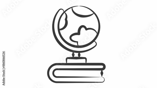 Minimalist line art sketch of a globe sitting on a book for global study and education concept