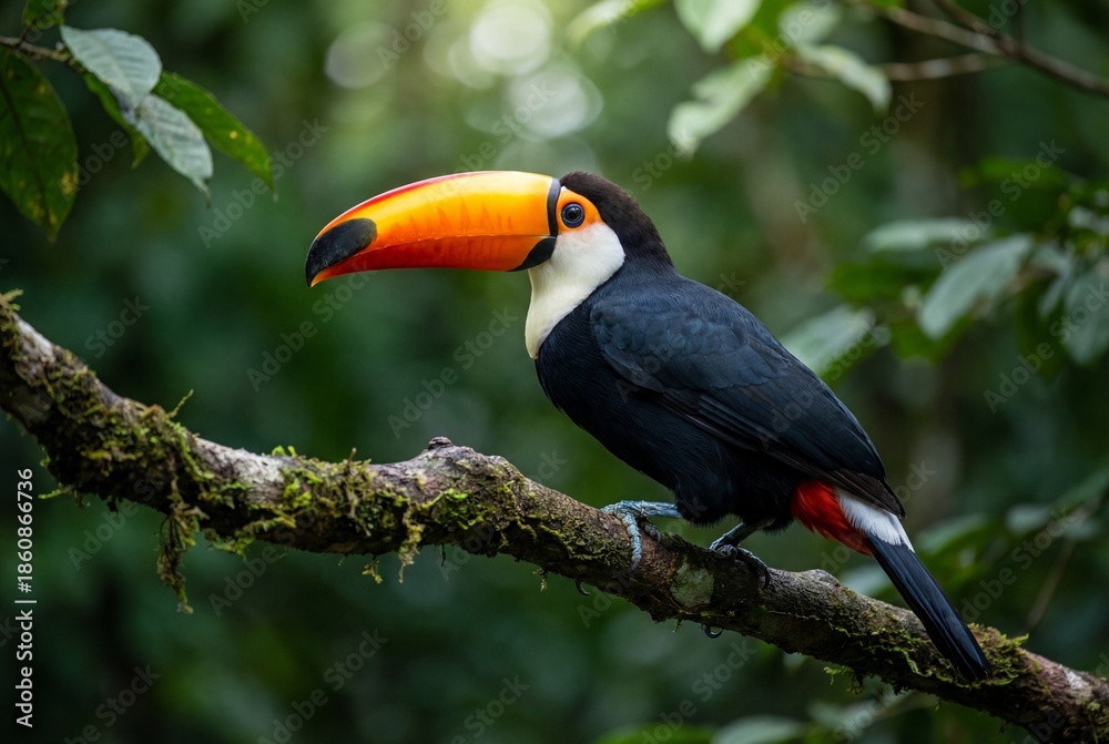 Fototapeta premium Toco toucan perched on a mossy branch in the tropical rainforest with green background