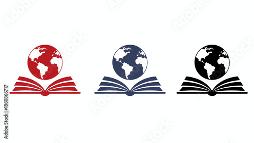 Globe over open book icon set in various colors for global learning and literacy concepts