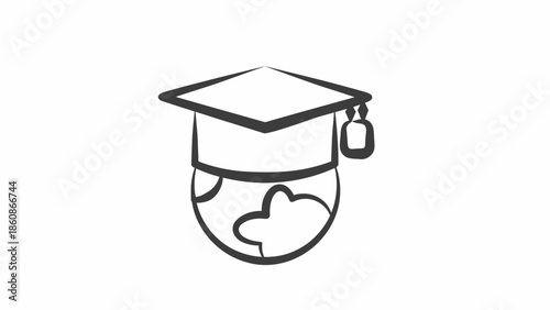 Simple black and white line drawing of a globe wearing a graduation mortarboard cap