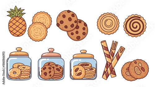 Hand Drawn Cookie Collection and Sweet Biscuit Jars Vector Illustration in Flat Line Art Style
