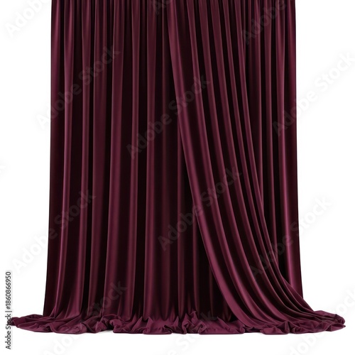 Elegant Deep Red Velvet Stage Curtains Draped Gracefully with Soft Folds and Luxurious Texture Isolated on White Background