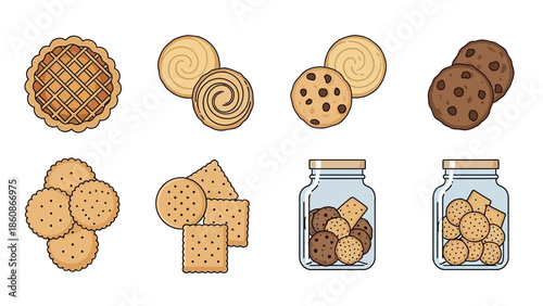 Hand Drawn Cookie Collection and Sweet Biscuit Jars Vector Illustration in Flat Line Art Style
