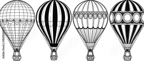 Vintage Hot Air Balloon Silhouette Set, Detailed Decorative Aerostat Illustrations for Travel Adventure Design, Steampunk Style Flying Transport Graphics Collection,