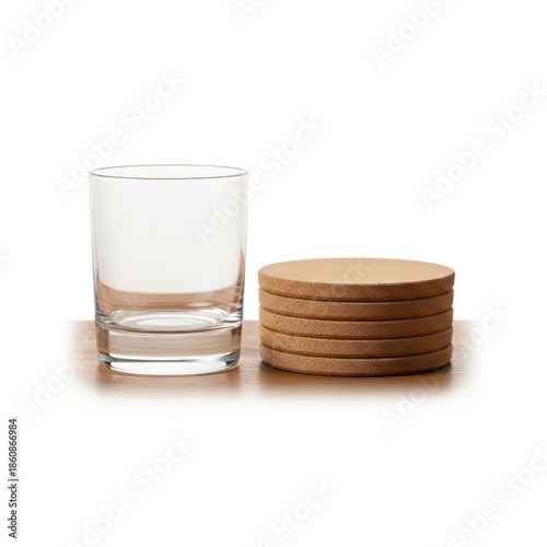 Clear Glass Tumbler and Stack of Round Cork Coasters on Wood Surface Isolated on White Background