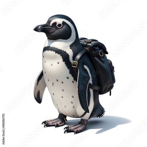 Humorous Penguin Standing with Black Leather Backpack and Straps Against a Bright White Studio Background Facing Left with Detailed Feathers and Feet Showing a Playful Adventure Mood