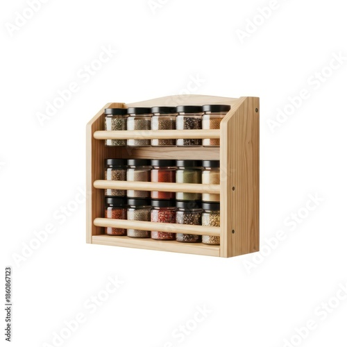 Wooden Spice Rack Filled With Assorted Spices In Glass Jars With Black Lids Against A White Background