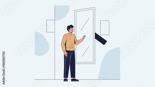 Modern indoor scene with a young man interacting with a mirror in a minimalistic style