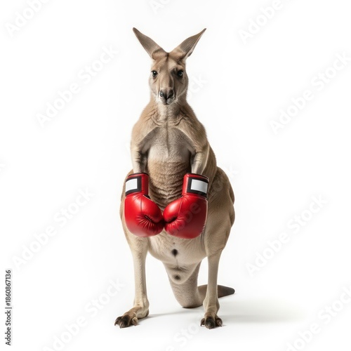 Kangaroo Wearing Red Boxing Gloves Poses Confidently Against a Clean White Background Ready for a Fight