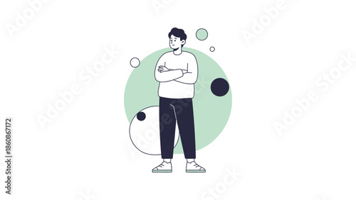 Modern minimalist illustration of a confident young man standing with crossed arms surrounded by