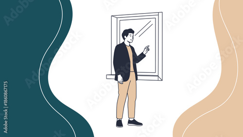 modern man observing through window with thoughtful expression illustrated in minimal style