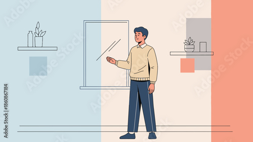 Modern minimalistic illustration of a young man standing by a window in a contemporary interior