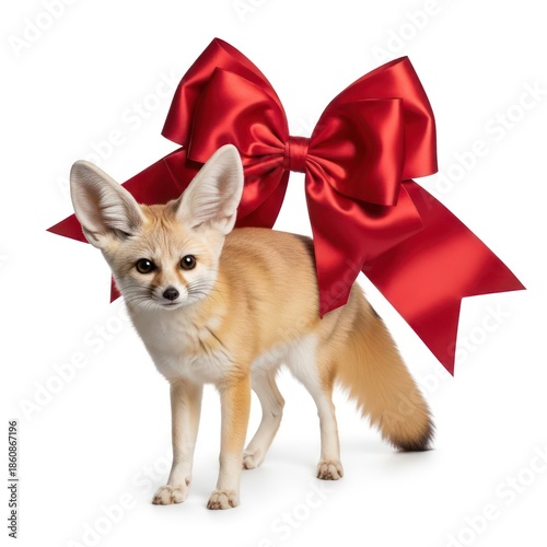 Adorable Fennec Fox Standing Against A White Background With A Large Red Bow Tied Behind Its Ears Festive Presentation