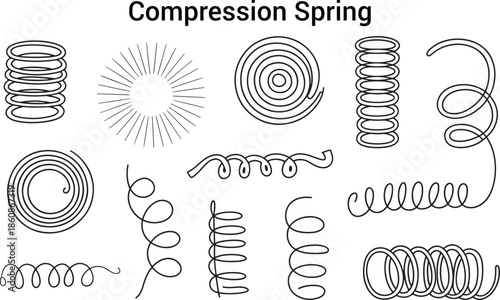 Diverse spring shapes compression coiled and spiral outline designs