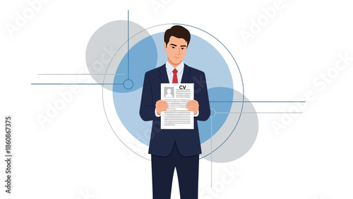 Professional Man Holding Resume Document in Business Suit with Digital Background Illustration