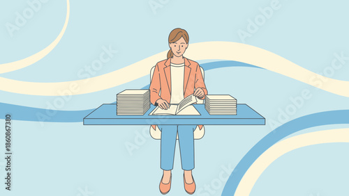 Young woman organizing stacks of documents and books at a desk in a professional setting