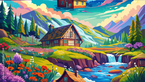 Serene mountain cabin by a crystal river