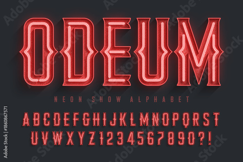 Retro circus alphabet design, cabaret, fairy neon lamps letters and numbers.