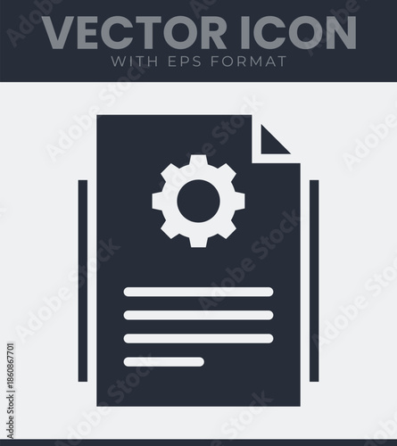 Professional document settings icon featuring a gear symbol on a paper sheet for technical configuration, management, system processing and digital. Vector illustration