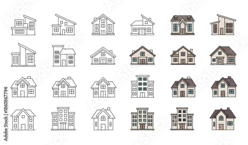 Minimal house icon vector set with modern and classic home symbols isolated on white background