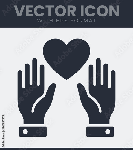 Black silhouette icon of two human hands reaching up to hold a heart symbol representing love care charity and kindness. Vector illustration