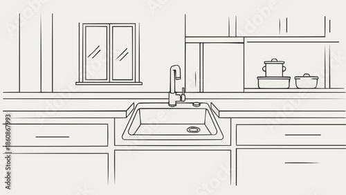 Kitchen Sink and Countertop Illustration with Cabinets and Window.