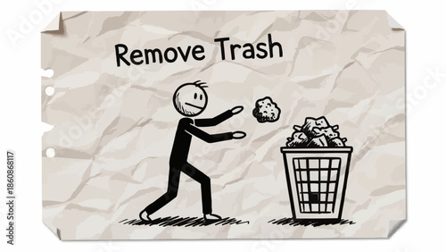 Man throwing trash into a garbage bin illustration.