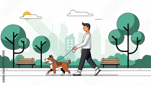Man walking his dog in the park on a sunny day.