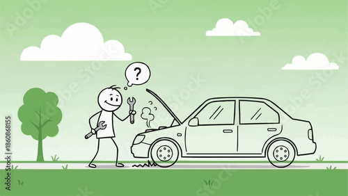 Man with wrench looking confused at broken down car engine.