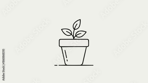 Minimalist Line Art Illustration of a Small Potted Plant with Leaves.