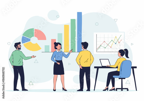 A professional business team of successful businessmen and businesswomen silhouettes work together in front of a financial graph and city building vector illustration