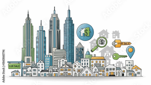 Real Estate Market Illustration with Skyscrapers and Houses.
