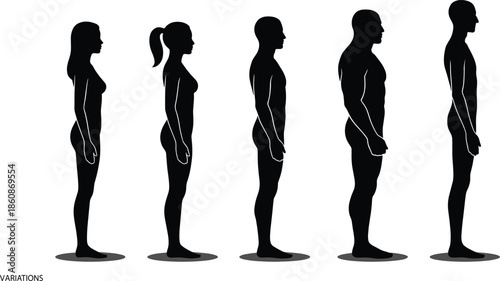 Human body silhouette variations showing male and female side profile posture comparison anatomy reference isolated on white background vector