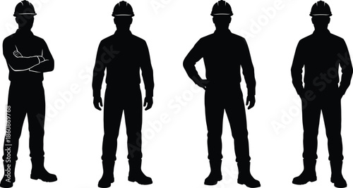 Construction worker silhouette set showing professional builders wearing safety helmets standing confident poses isolated on white background vector illustration