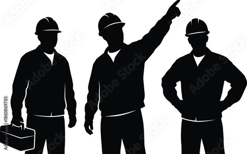 Construction worker silhouette team showing supervisor pointing direction with toolbox and confident poses isolated on white background vector illustration