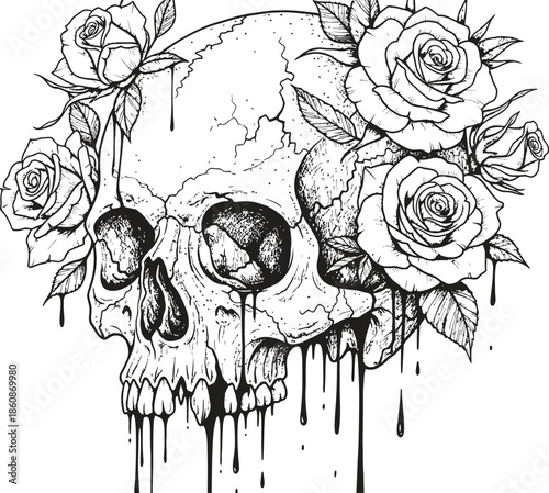 Skull with roses and wax drips illustration