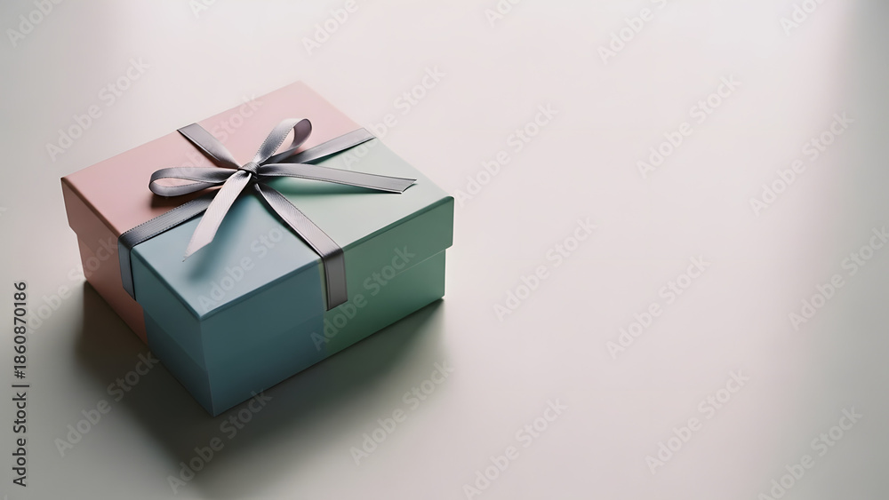 Obraz premium Elegant pastel color block gift box with a grey ribbon bow on a neutral surface with copy space for text