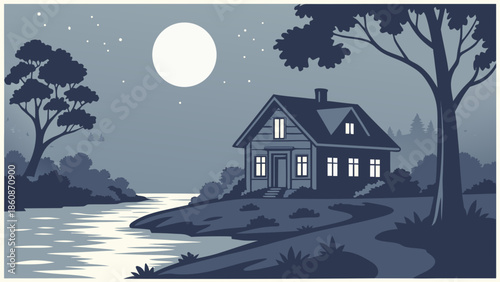 Serene lakeside cottage under moonlight