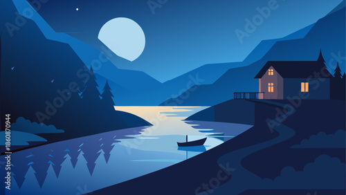 Serene nighttime lake cabin