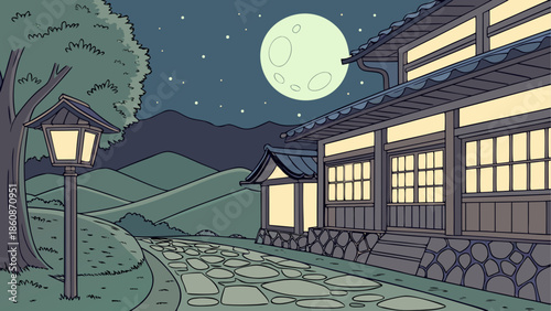 Traditional japanese house under full moon