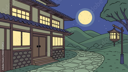 Traditional japanese home under moonlit night