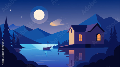 Serene mountain lake cabin