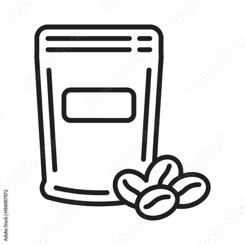 Simple line drawing of a coffee bean bag and scattered coffee beans