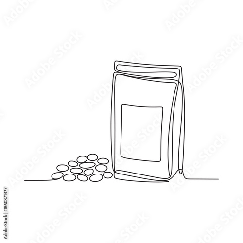 Simple line drawing of a snack bag and scattered circular objects