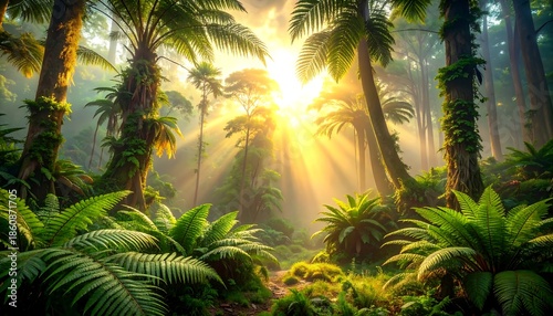 Golden Hour Prehistoric Tropical Jungle Path Misty Ferns Dinosaur Background