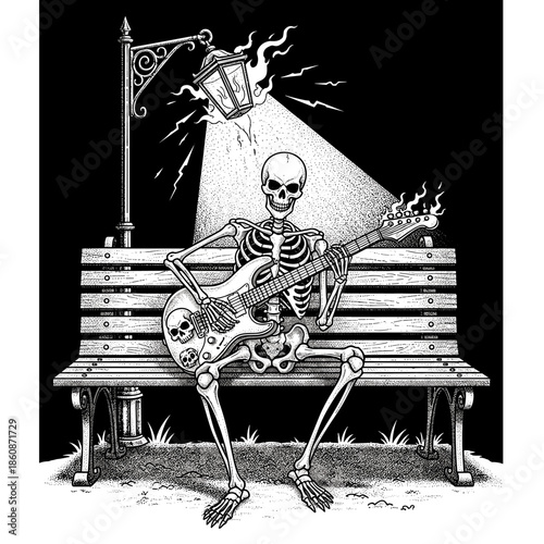 Skeleton playing guitar on a park bench under a street lamp.