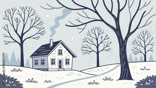 Cozy cottage in winter landscape